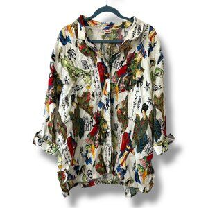 Tianello Asian Geisha Linen Button Up Shirt Women’s Plus Size 3X Art-to-Wear